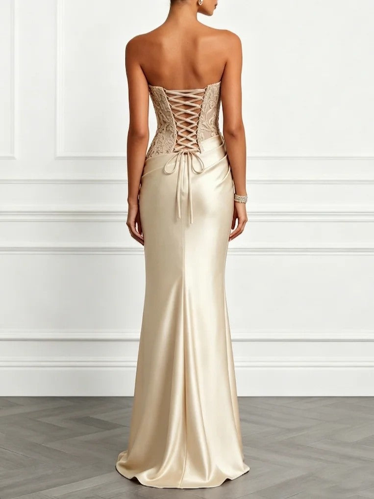 Elegant Floral Lace Strapless Satin Maxi Dress