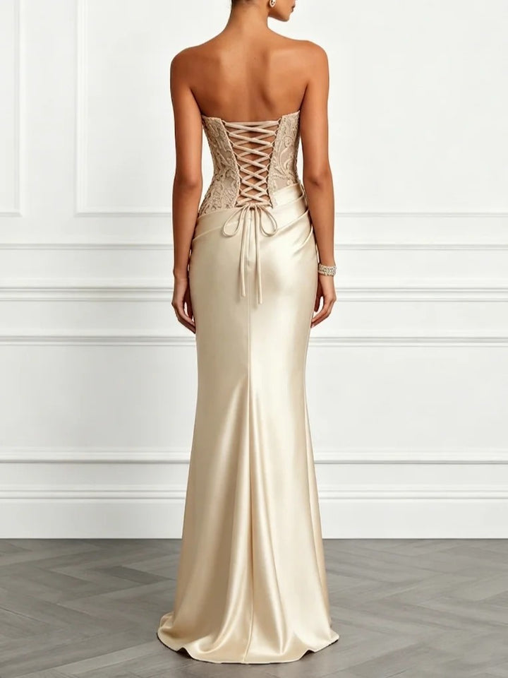 Elegant Floral Lace Strapless Satin Maxi Dress