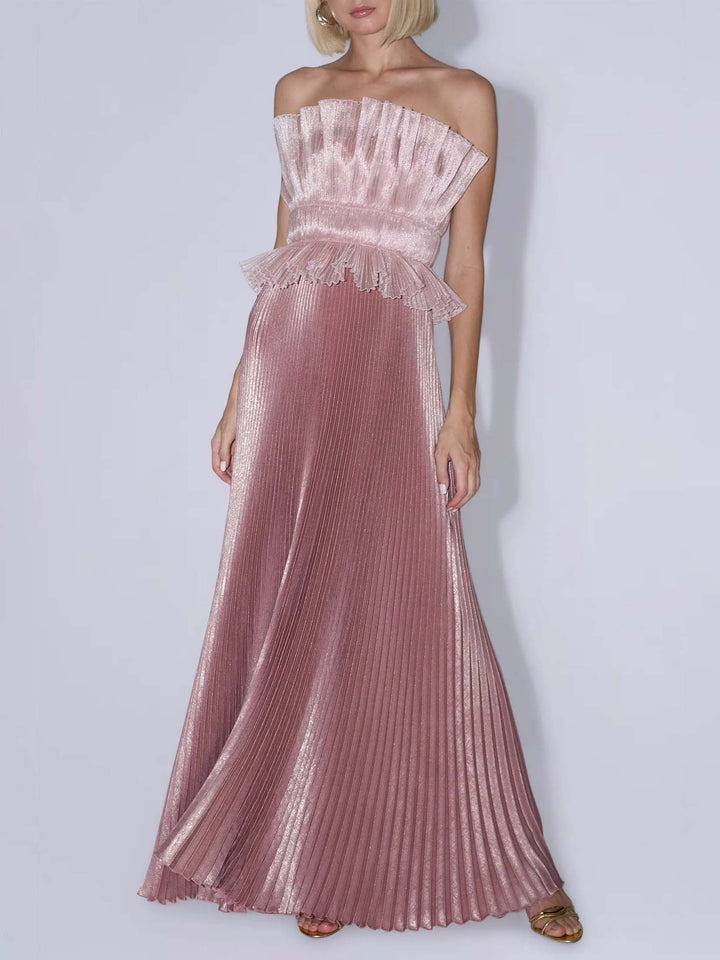 Blush Metallic Pleated Strapless Maxi Dress