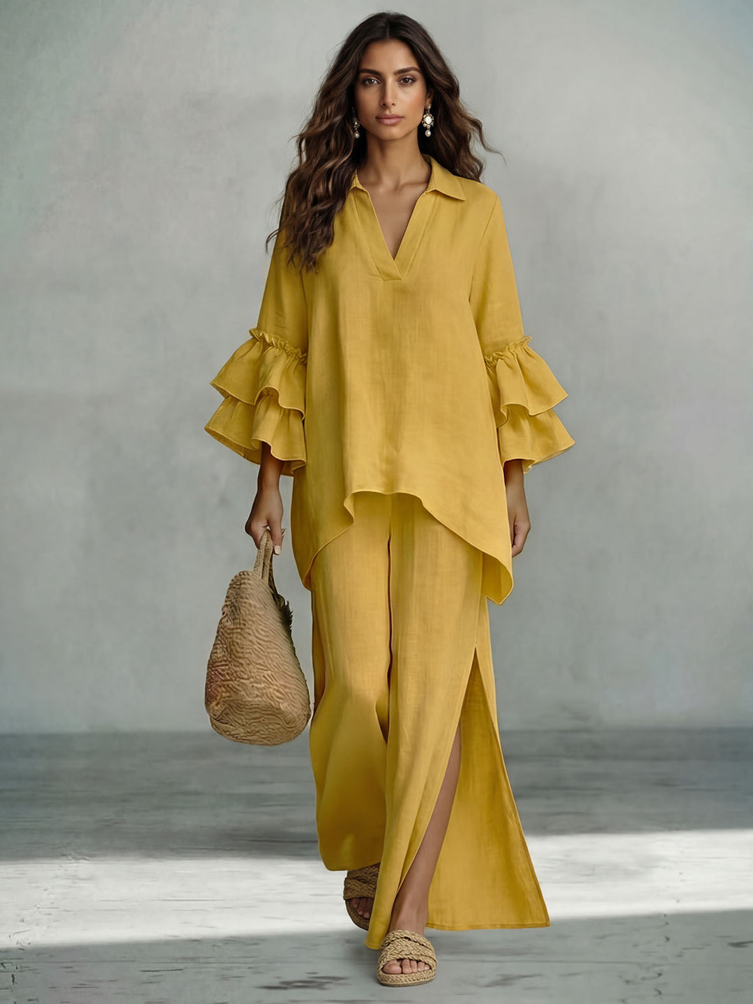 Casual Ruffle Sleeve V-Neck Top & High Waist Wide Leg Pants Set