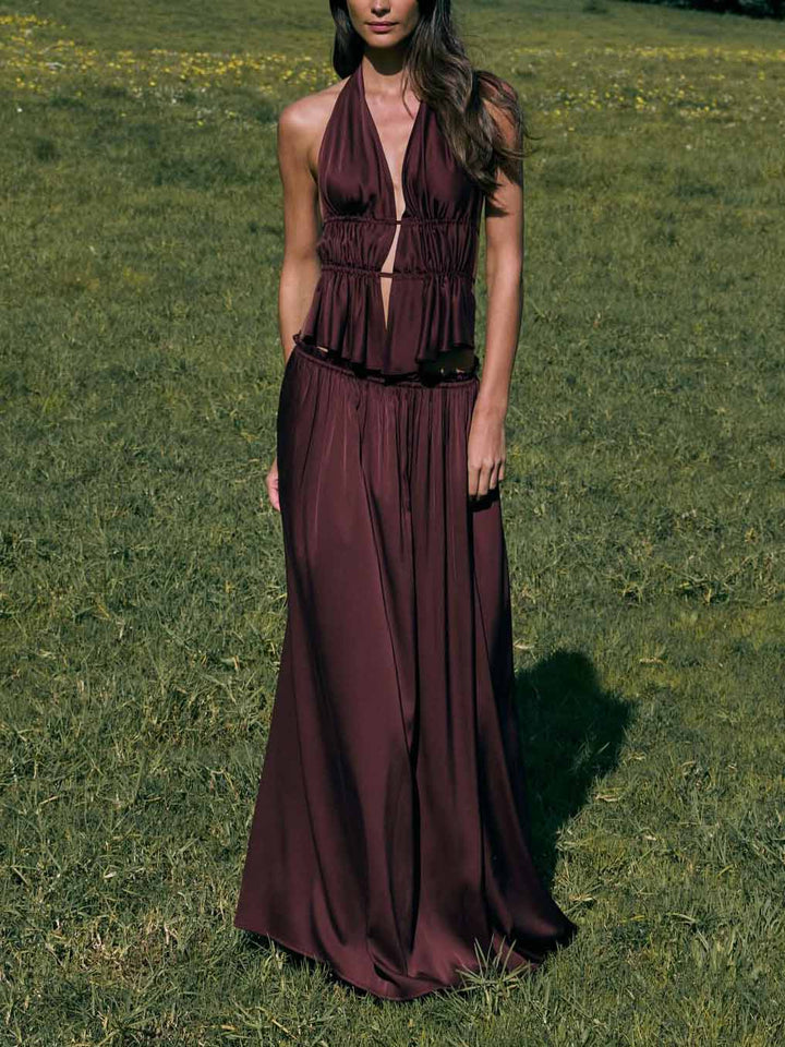 Sexy Ruched Waist Cutout Satin Two-Piece Set