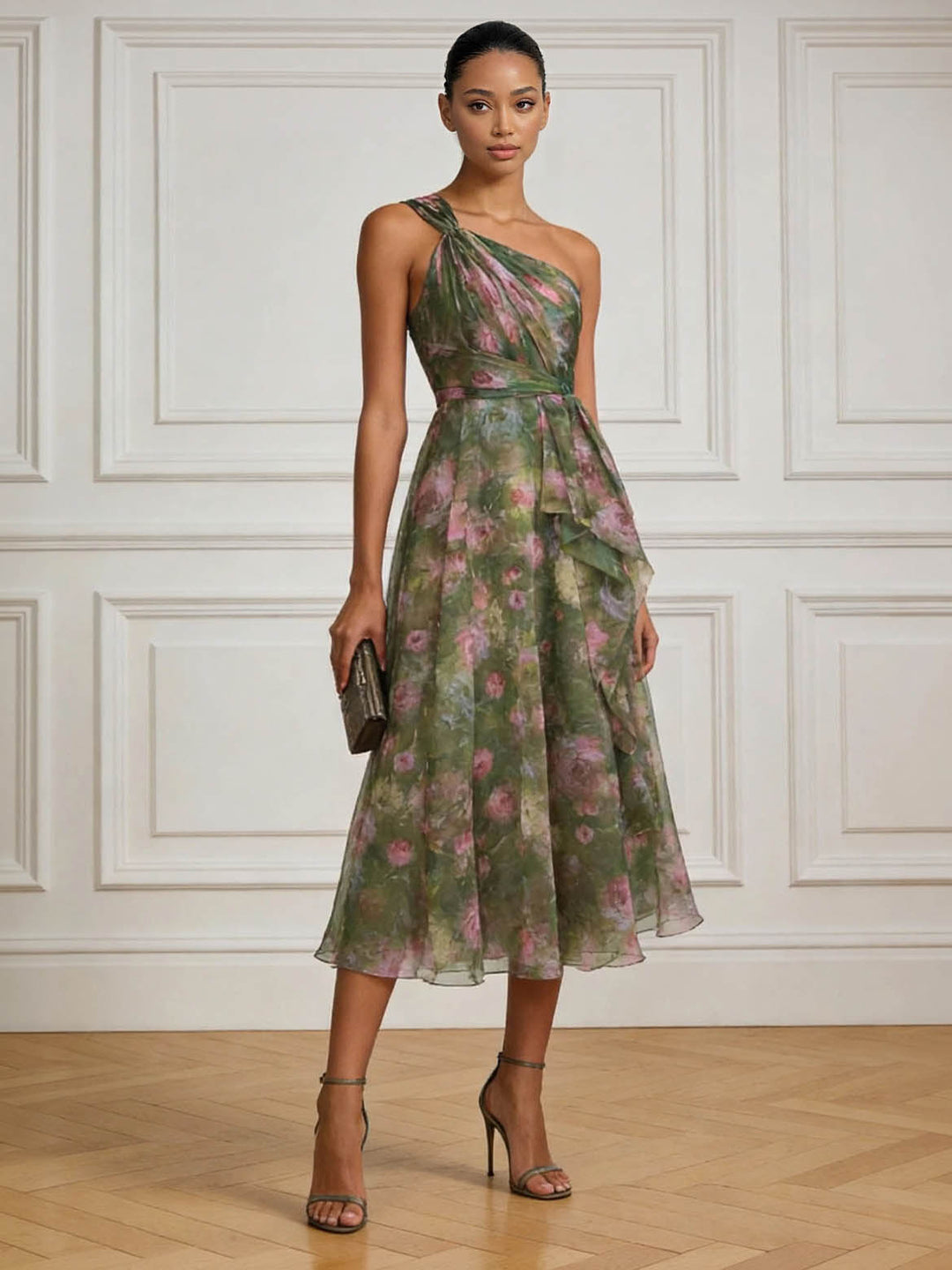 Elegant Floral Print One-Shoulder Chiffon Ruffle Midi Cocktail Dress