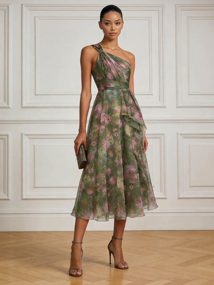 Elegant Floral Print One-Shoulder Chiffon Ruffle Midi Cocktail Dress