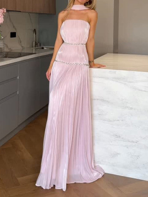 Elegant Pleated Rhinestone Strapless Maxi Dress