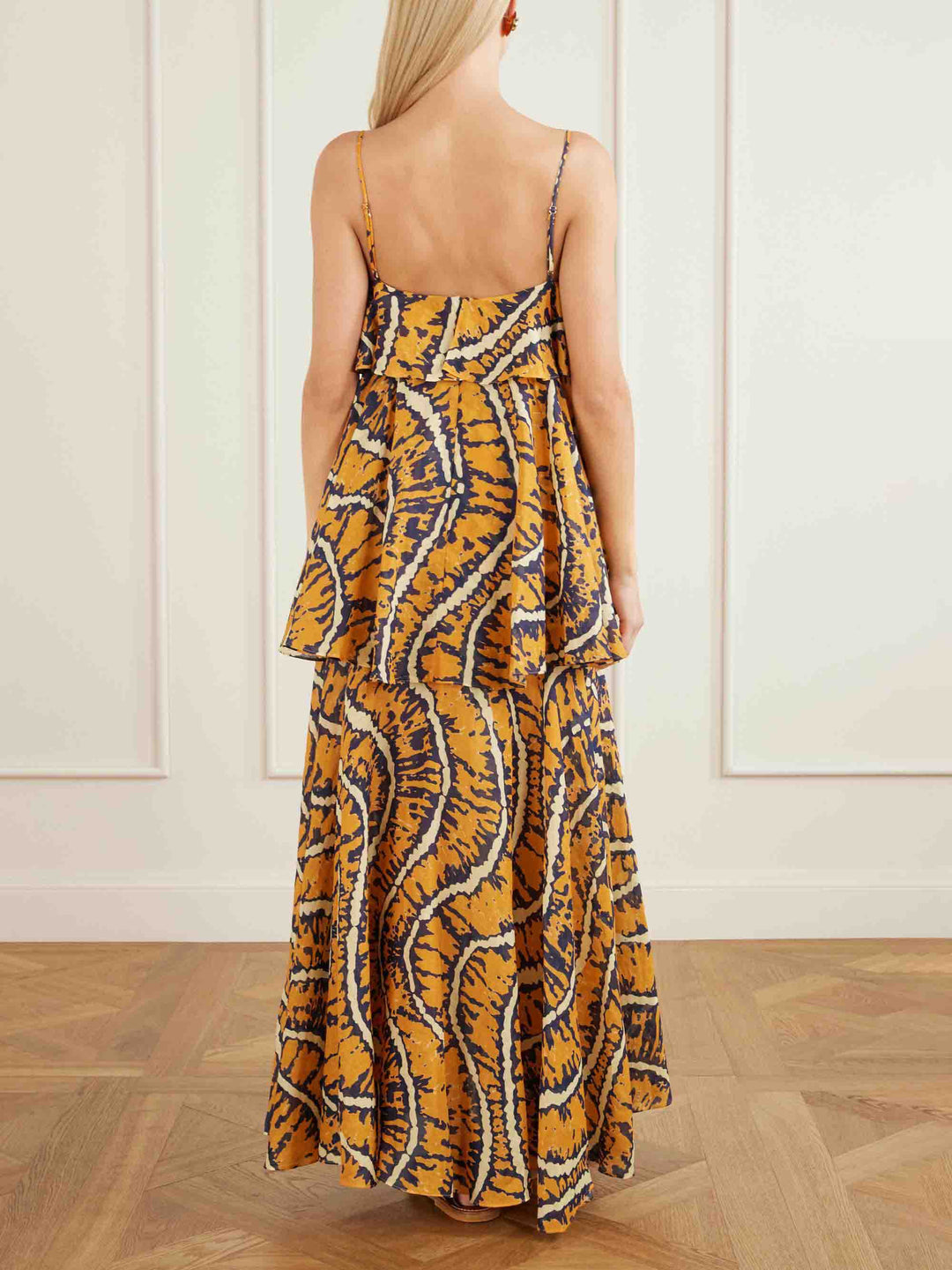 Elegant Abstract Print Tiered Spaghetti Strap Maxi Dress
