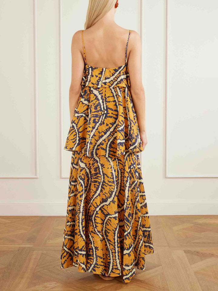 Elegant Abstract Print Tiered Spaghetti Strap Maxi Dress