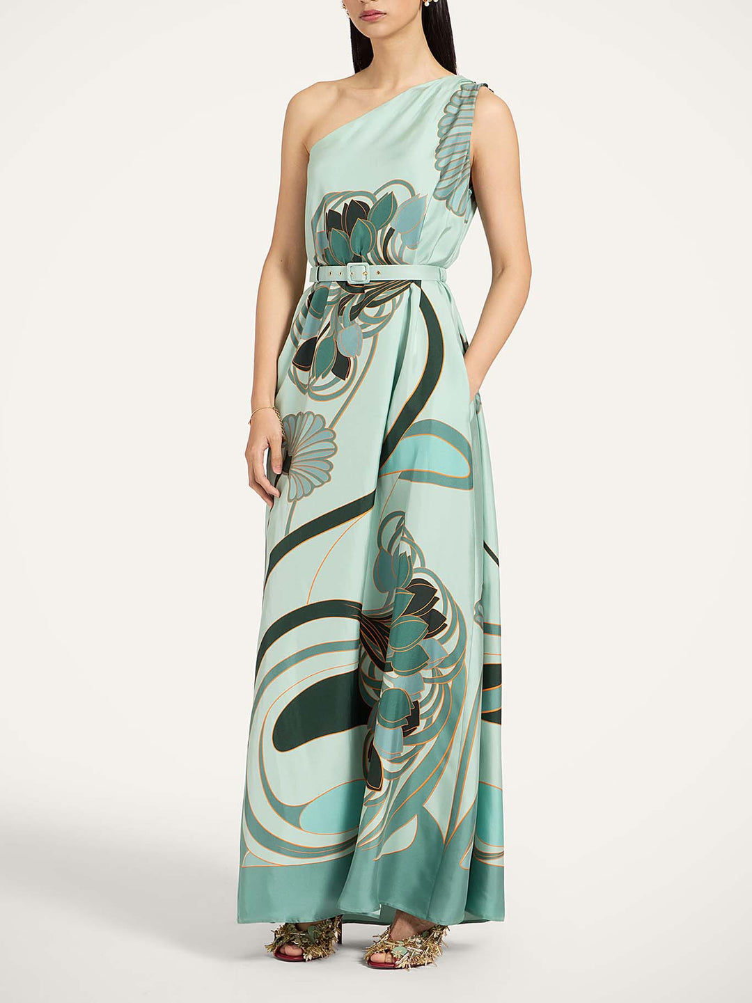 Unique Art Nouveau Printed Tulle Shawl Dress Set