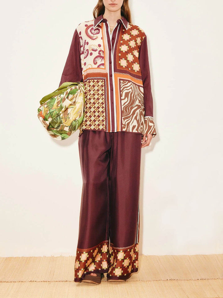 Unique Paisley Color-Block Satin Shirt