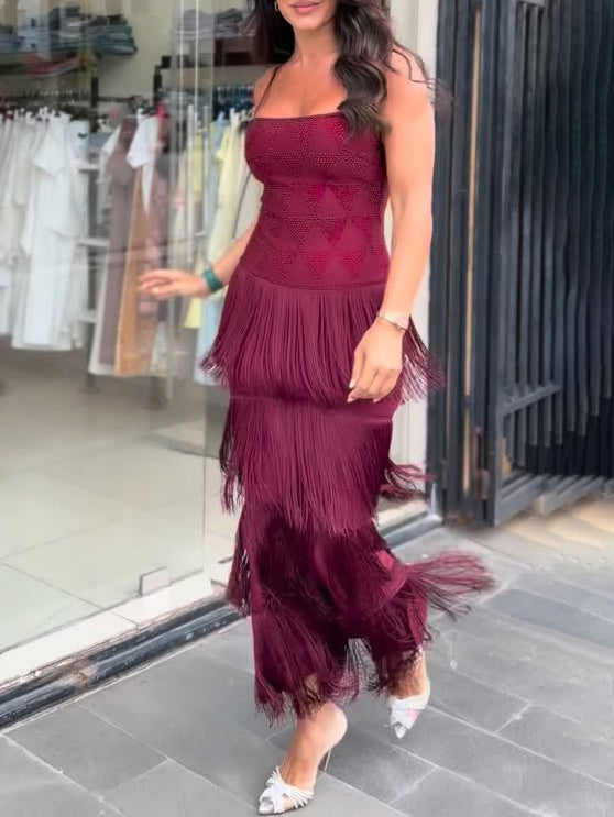 Elegant Layered Fringe Spaghetti Strap Maxi Dress