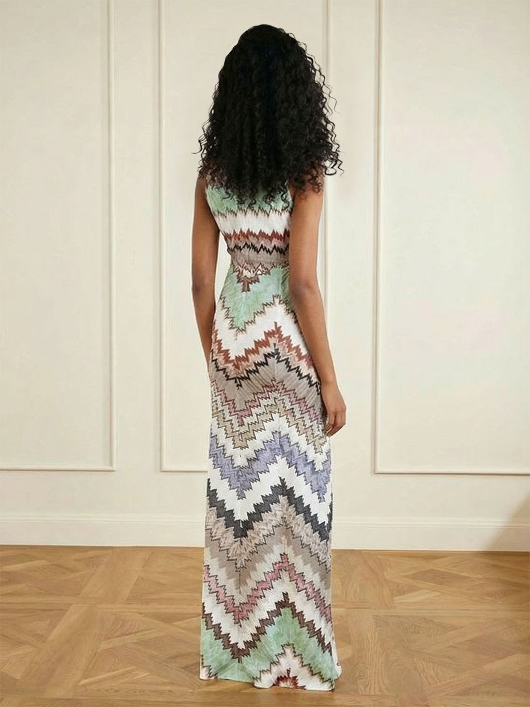 Geometric Zigzag Print V-neck Maxi Dress