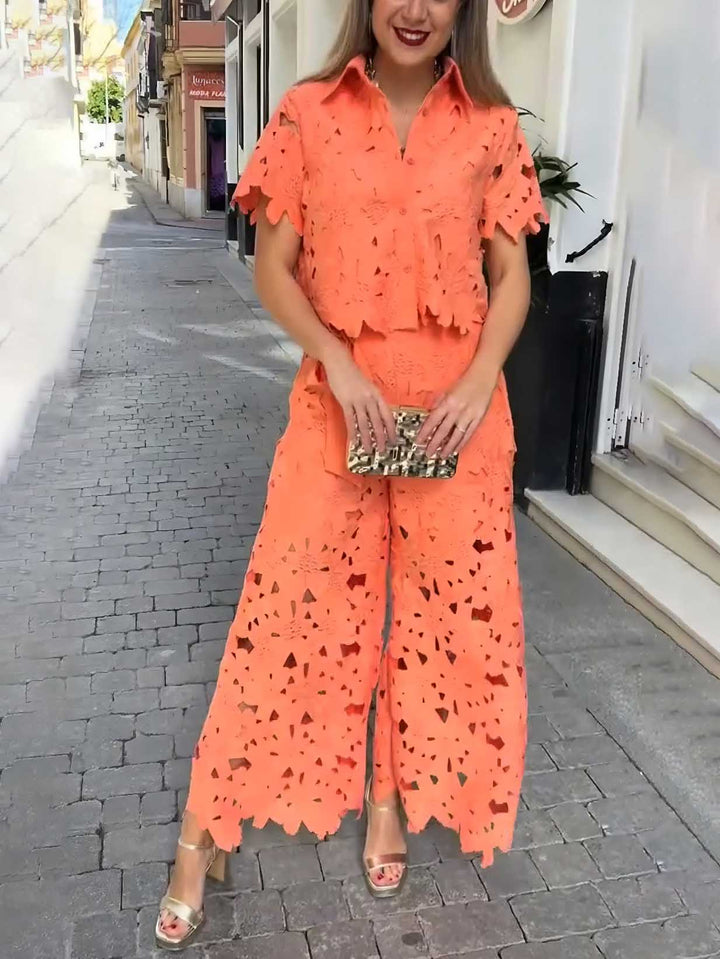 Casual Cutout Lace Short Sleeve Shirt