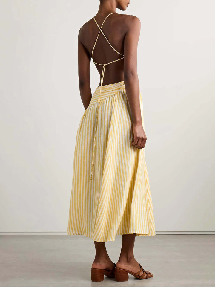Exquisite Casual Hollow Pleated Striped Print Midi Dress