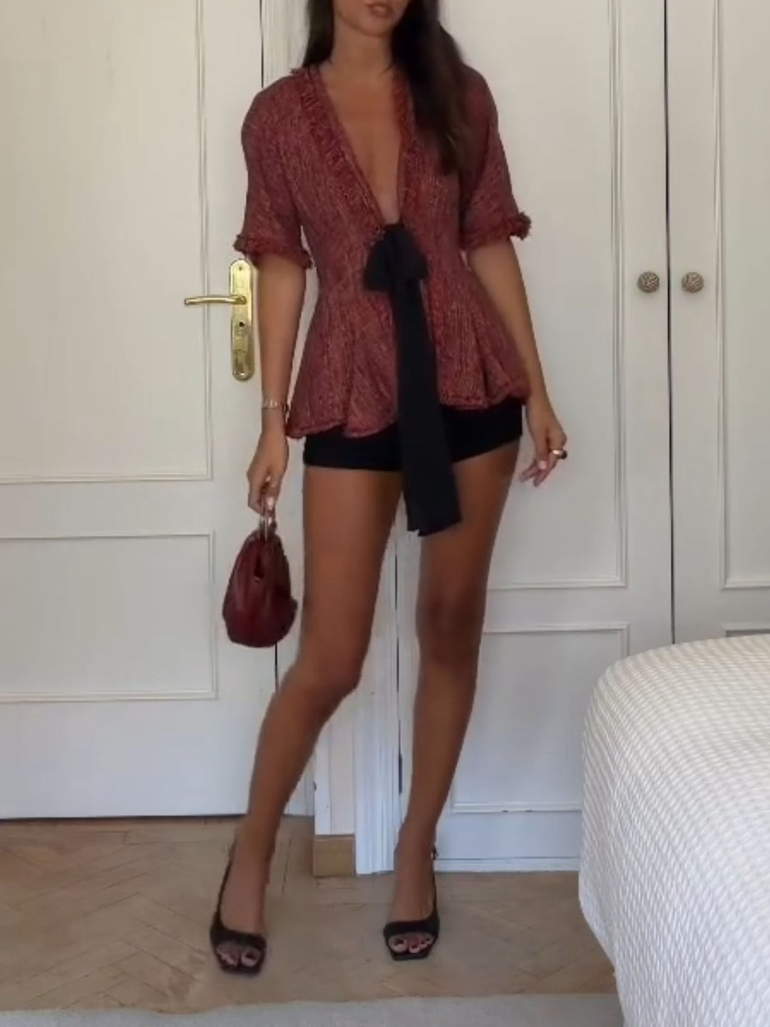 Tweed Peplum Top & Black Shorts Two-Piece Set