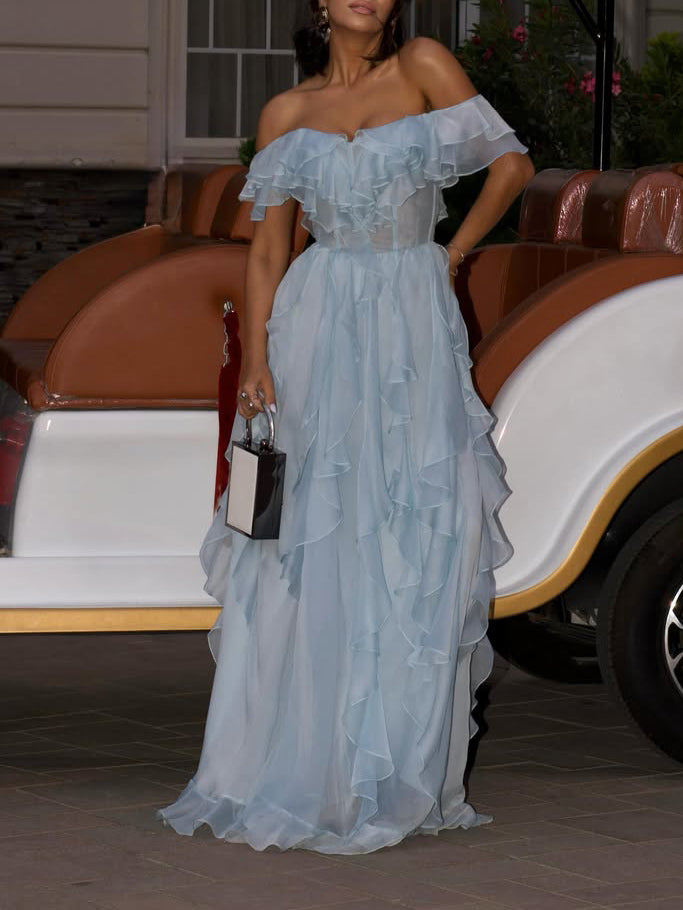 Elegant Off-Shoulder Ruffle Chiffon Maxi Dress