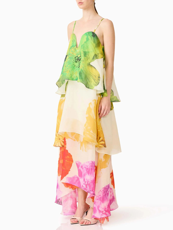 Elegant Floral Print Layered Chiffon Maxi Dress