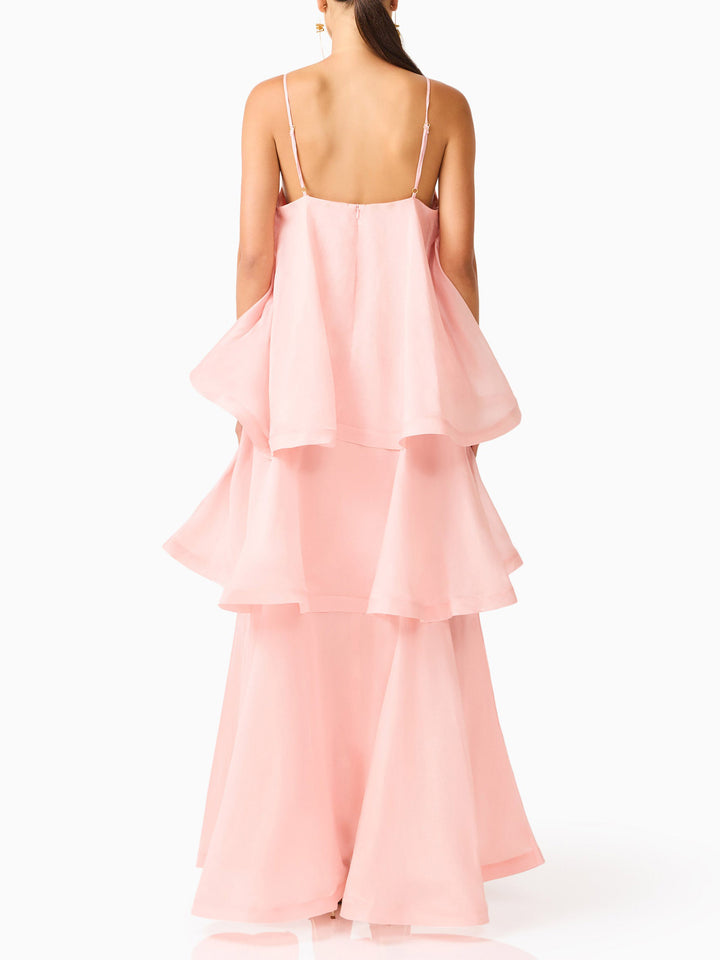 Elegant 3D Floral Applique Tiered Gown Maxi Dress