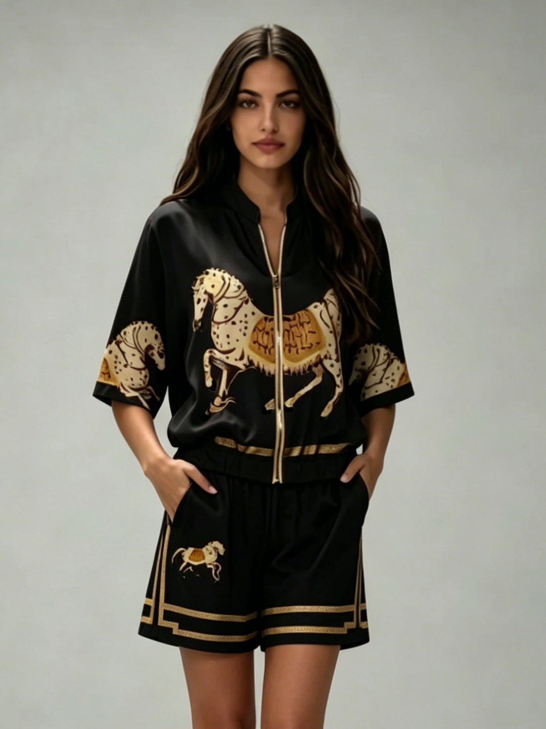 Exquisite Satin Horse Print Zip-Up Shirt & Shorts Set