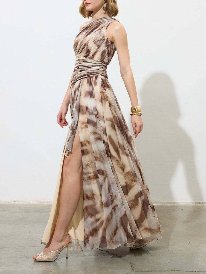 Elegant One-Shoulder Marble Print Chiffon Maxi Dress