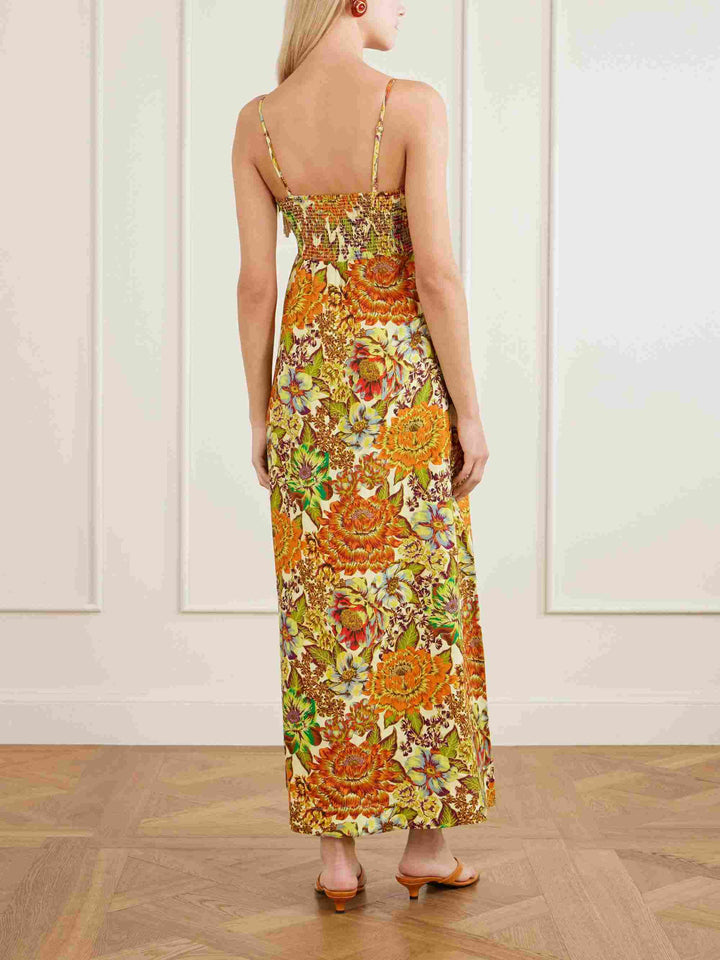 Exquisite Floral Print Spaghetti Strap Fringe Fitted Maxi Dress