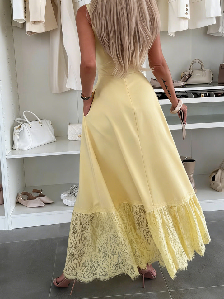 Elegant Square Neck Tie-Up Lace Maxi Dress