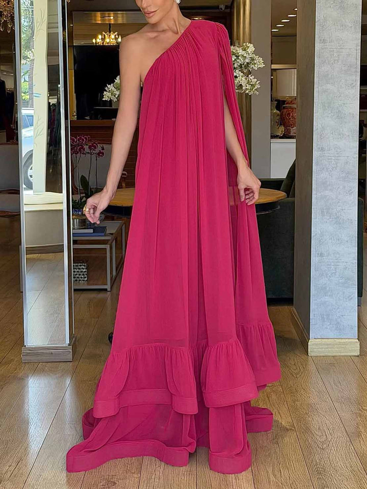 Elegant Flowy One-Shoulder Cape Sleeve Layered Maxi Dress