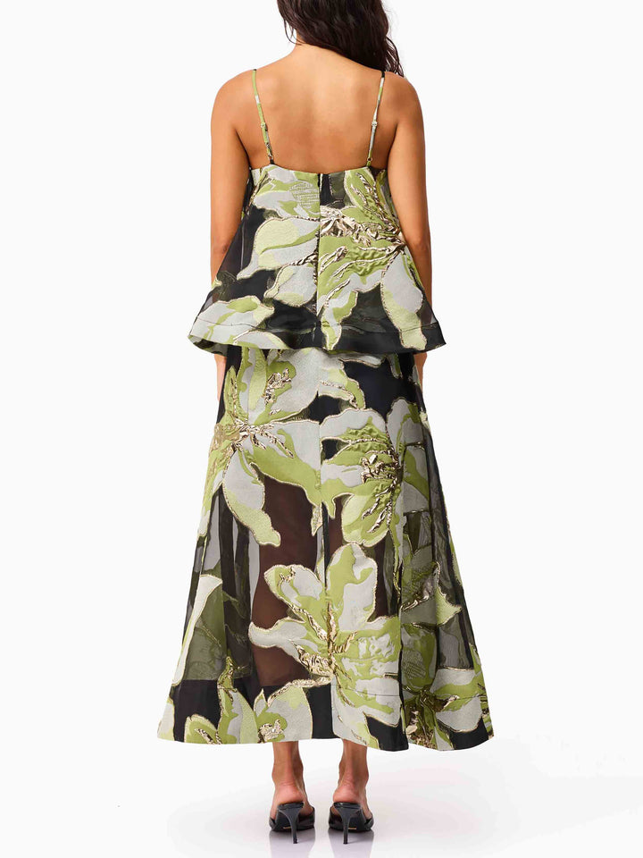 Elegant Jacquard Layered Spaghetti Strap Maxi Dress