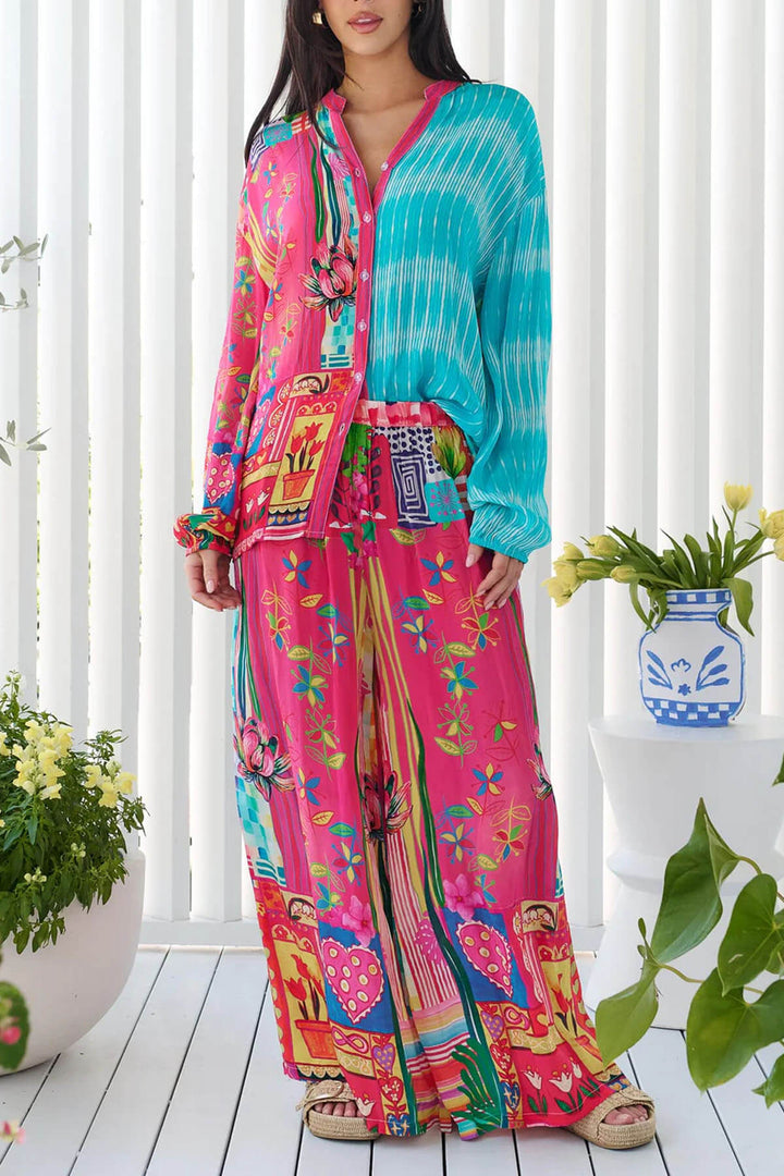 Unique Patchwork Print Button-Up Loose Fitting Shirt