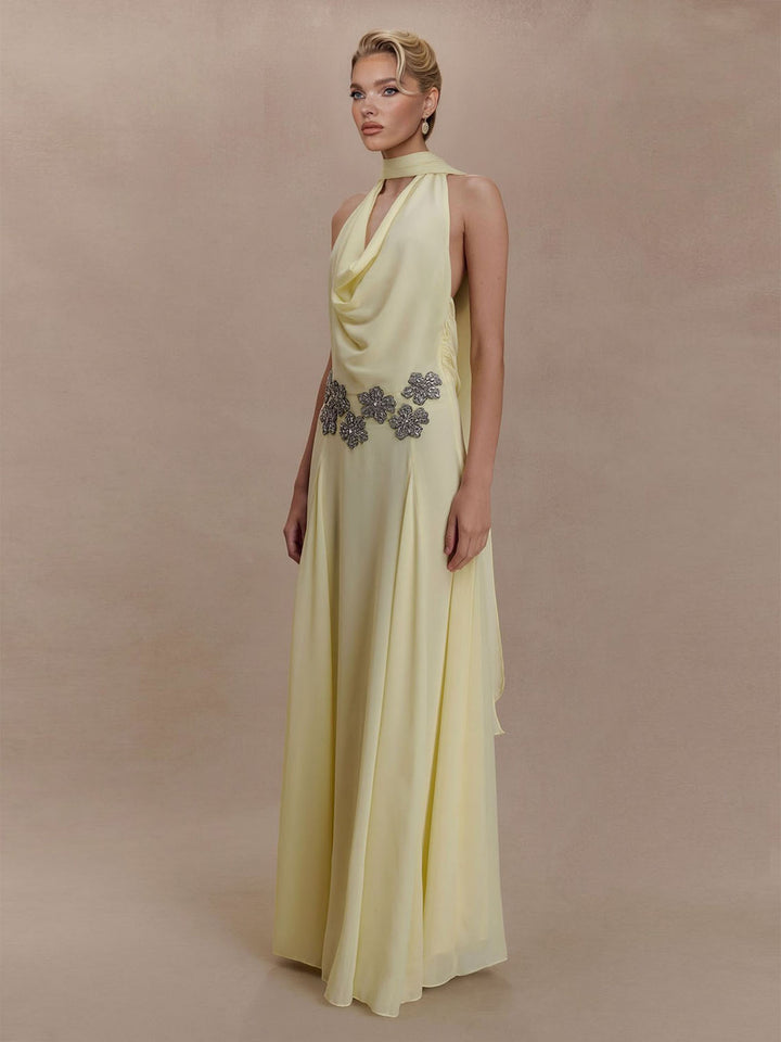 Elegant Draped Halter Embellished Maxi Dress