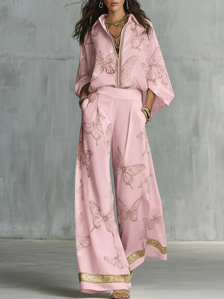 Elegant Butterfly Print Zip Shirt