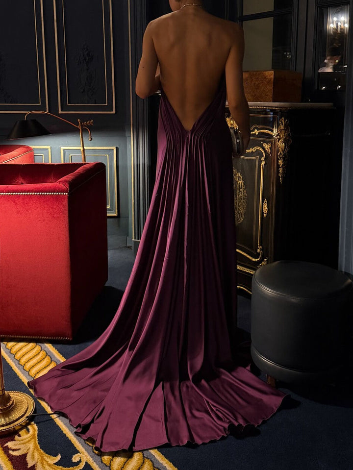 Elegant Halter-neck Draped Satin Train Maxi Dress