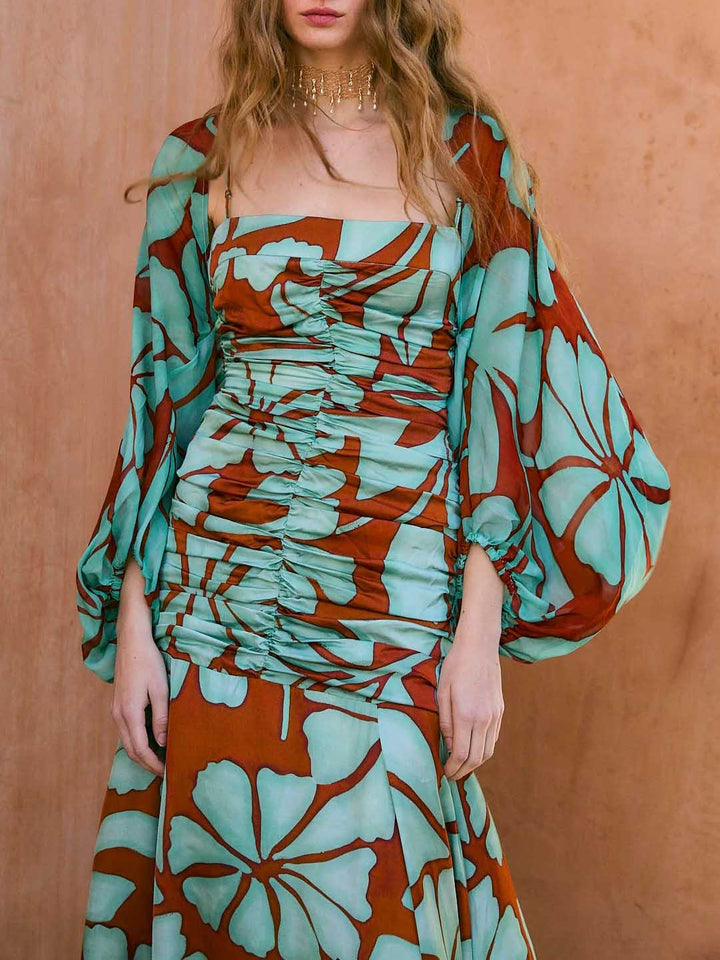 Bohemian Tropical Leaf Print Satin Maxi Dress Two-Piece Set