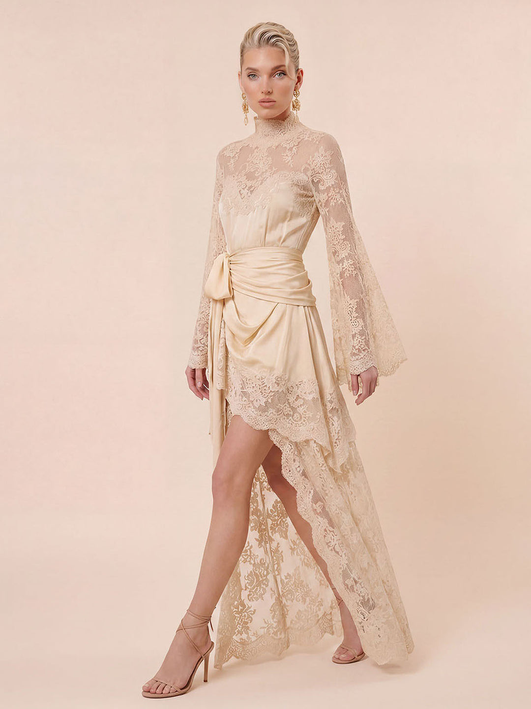 Elegant Lace High Neck Irregular Hem Maxi Dress