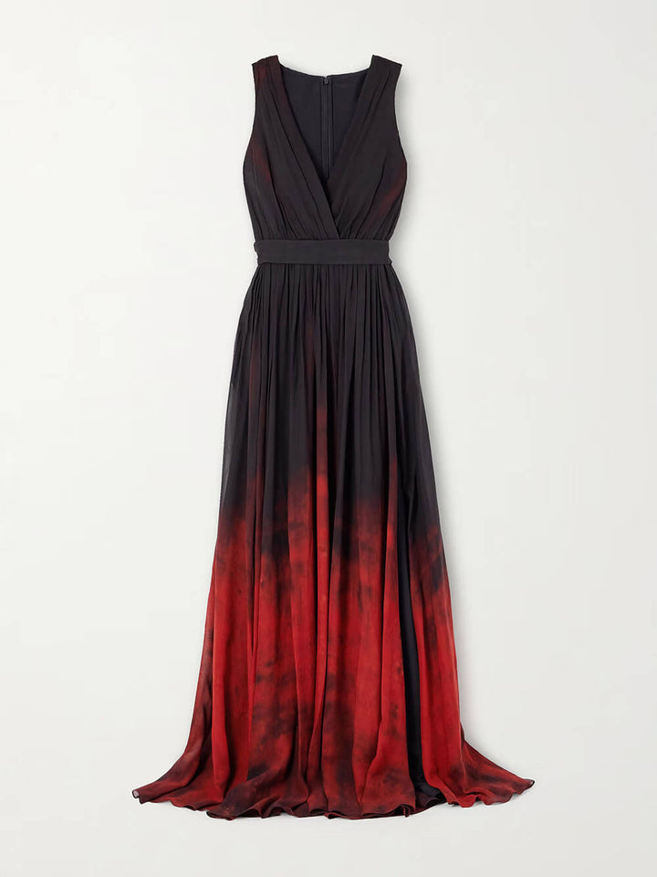 Elegant Printed Gradient Chiffon Pleated Printed Maxi Dress