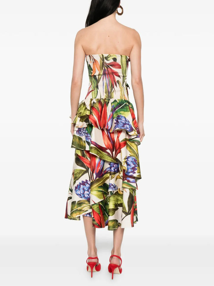 Tropical Floral Strapless Tiered Ruffle Midi Dress