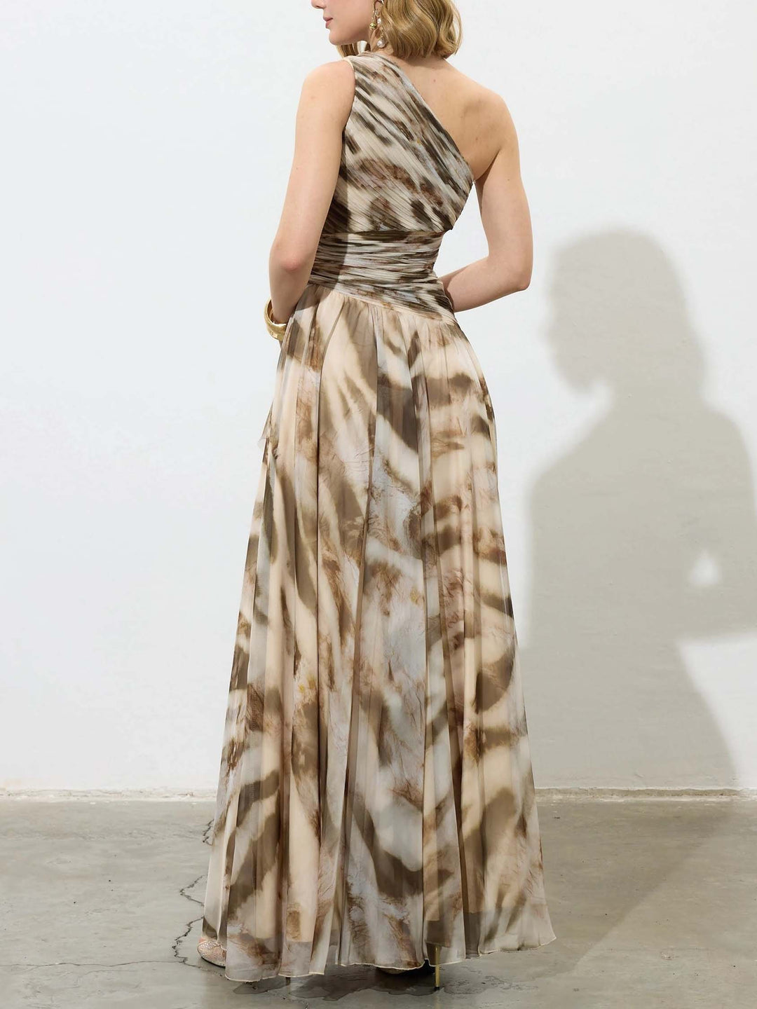 Elegant One-Shoulder Marble Print Chiffon Maxi Dress