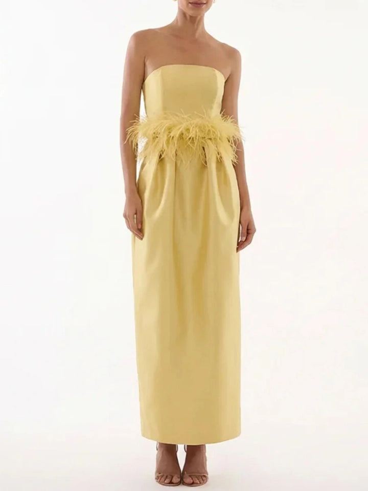 Elegant Strapless Feather Trim Evening Gown Maxi Dress