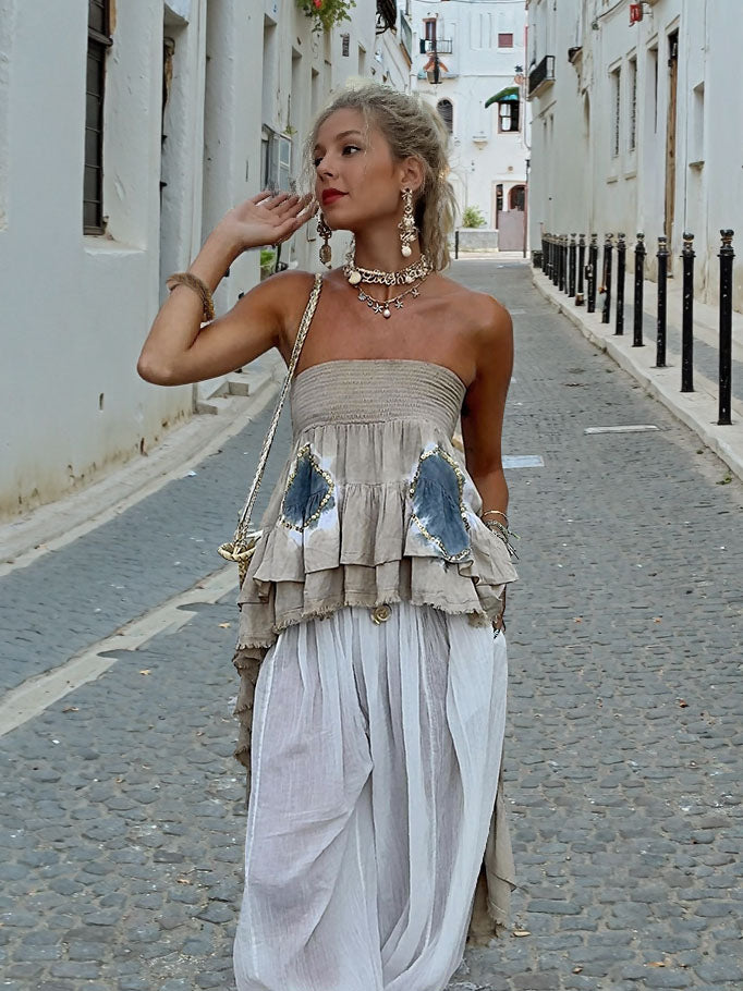 Bohemian Style Layered Ruffled Strapless Two-piece Set