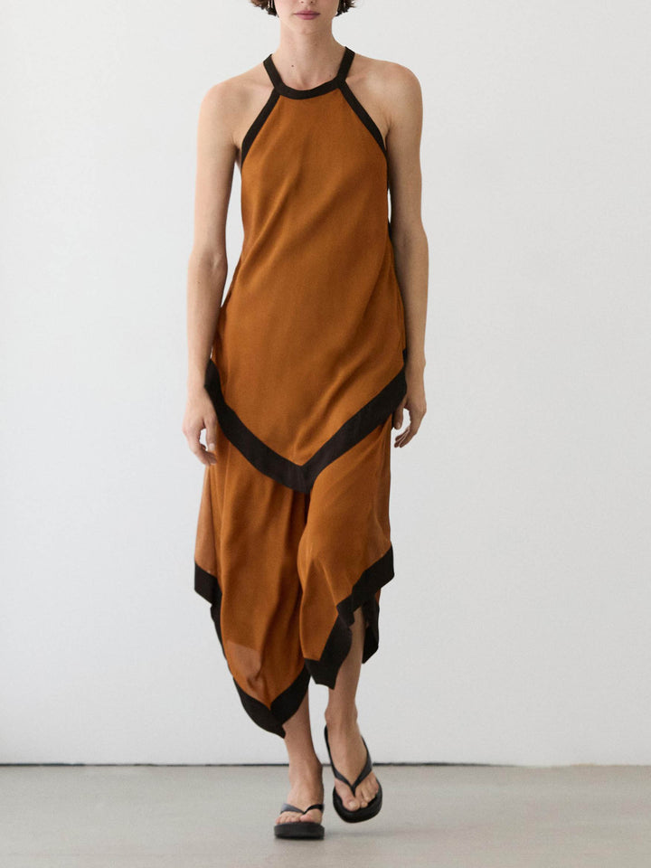 Elegant Color Block Halter Asymmetric Hem Midi Dress