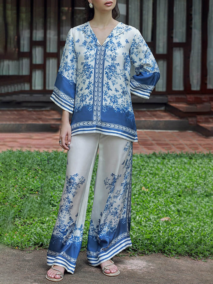 Classic Floral Print Patchwork Elastic Waist Wide-Leg Pants