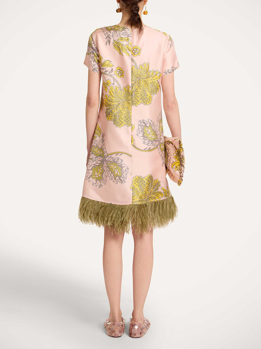 Elegant Printed Feather-Trim Fringe Hem Satin Mini Dress