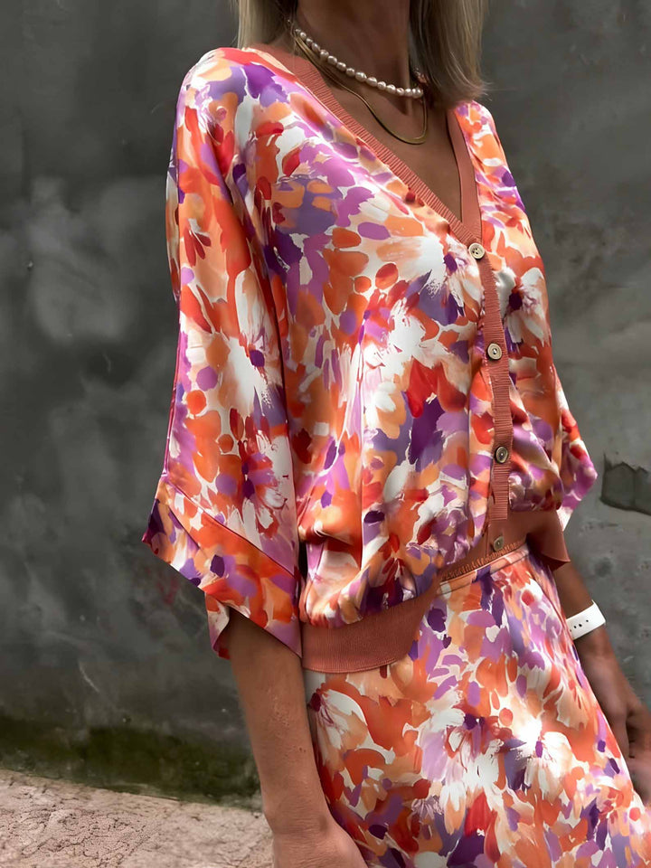 Exquisite Floral Print Satin High-Waisted Midi Skirt