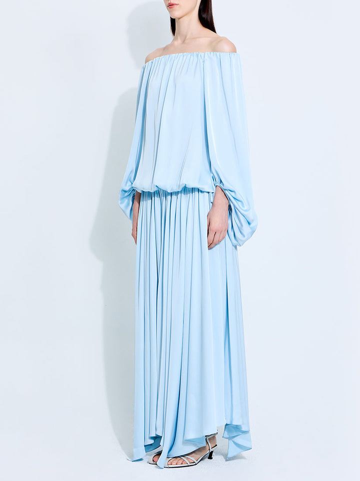 Elegant Satin Off-Shoulder Flowing Maxi Dress