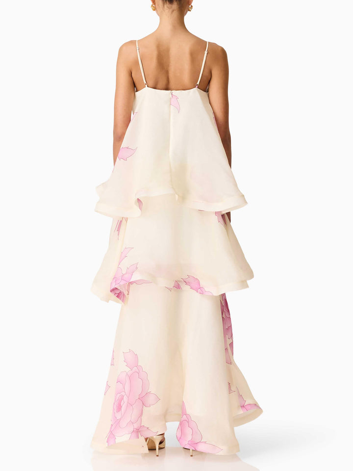 Elegant Floral Tiered Ruffle High-Low Organza Maxi Dress