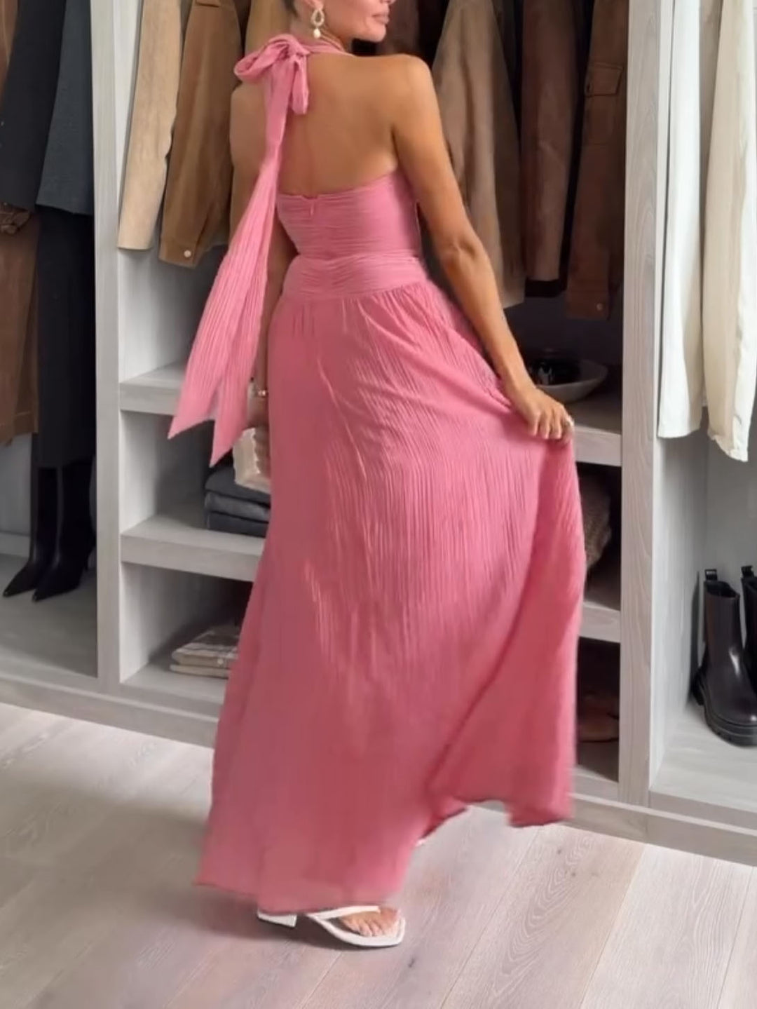 Elegant Halter Neck Ruched Waist Flowing Maxi Dress
