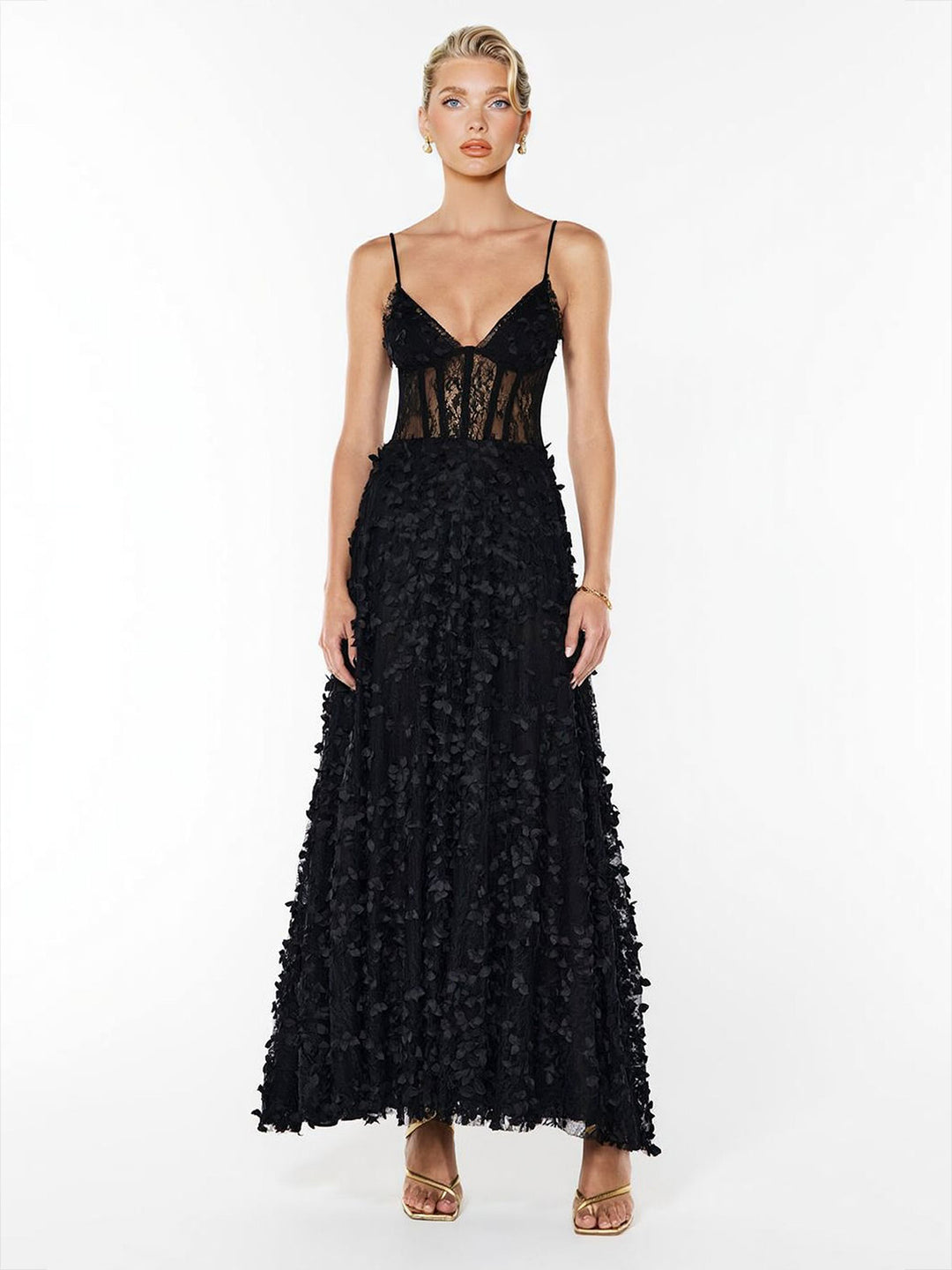 Elegant Lace Floral Applique A-Line Maxi Dress