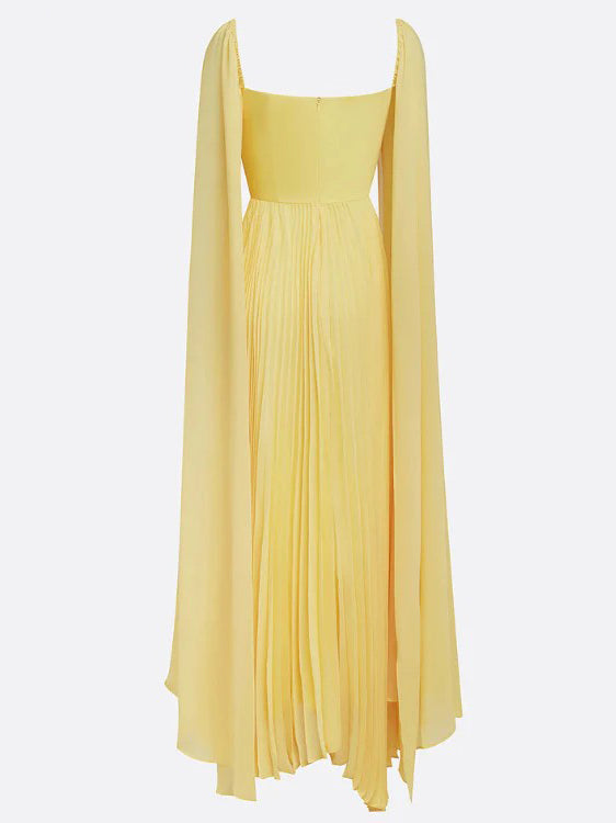 Elegant Cape Sleeve Pleated Chiffon Maxi Dress