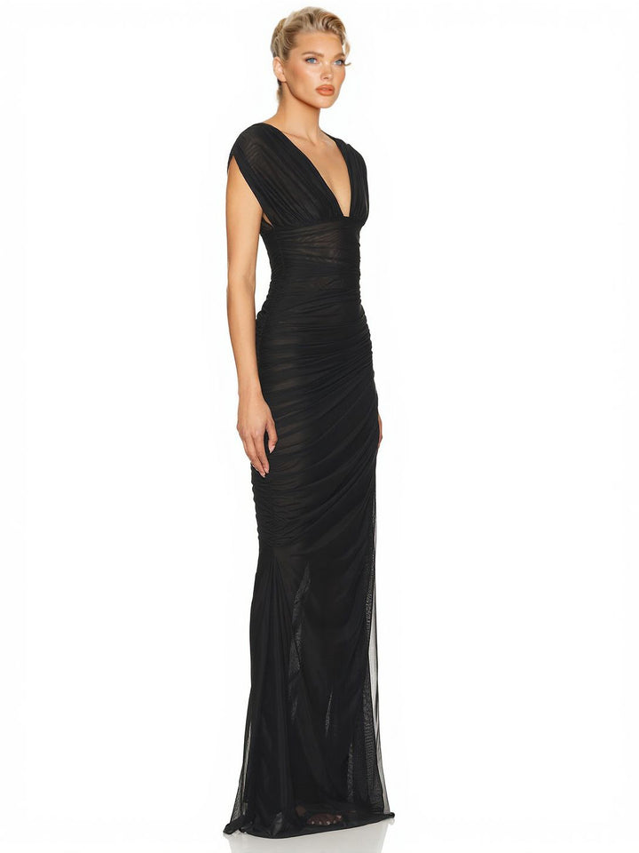 Elegant Sheer Mesh Ruched Deep V-Neck Maxi Dress