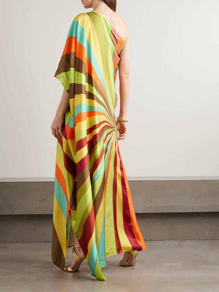Elegant One-Shoulder Draped Colorful Stripe Print Satin Maxi Dress