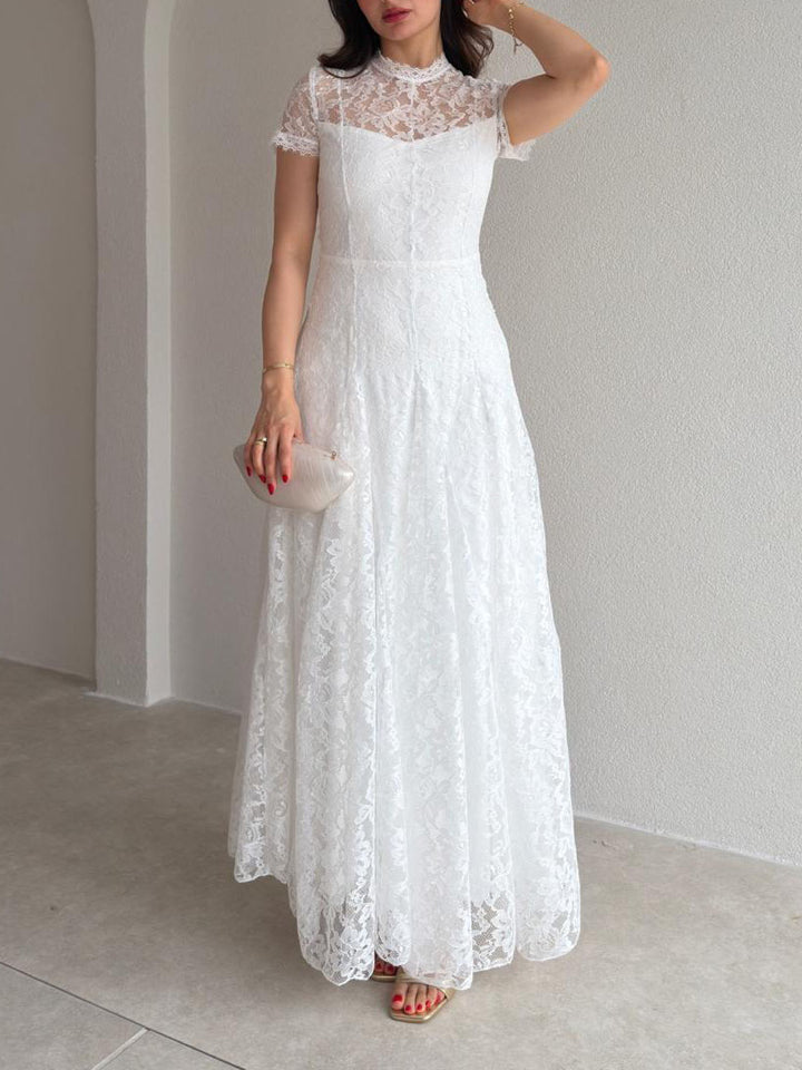 Elegant Sheer Tulle Floral Lace A-Line Maxi Dress