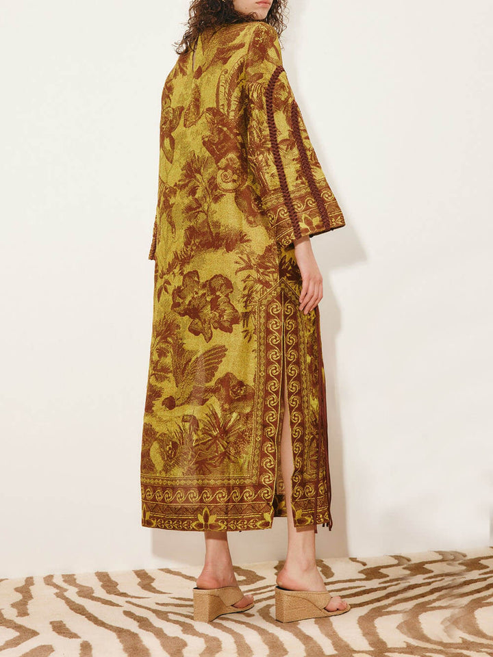 Retro Print Woven Tassel Loose Midi Dress